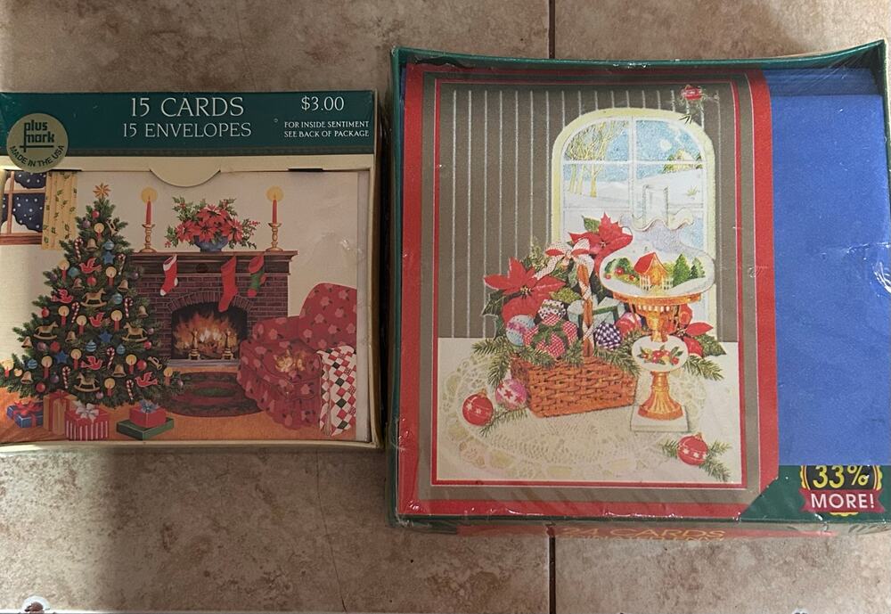 1992 Vinatage Christmas Cards Poinsettias Basket Chimney Xmas Tree Picture NEW